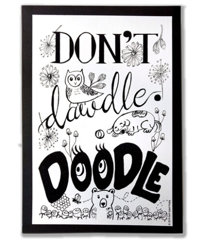Image of a black box with a white top covered with drawing and words Don't dawdle doodle